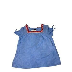 Talbots Size M Blue Chambray SSleeve Square Neck Embroidered Top Blouse‎ Lin/Cot